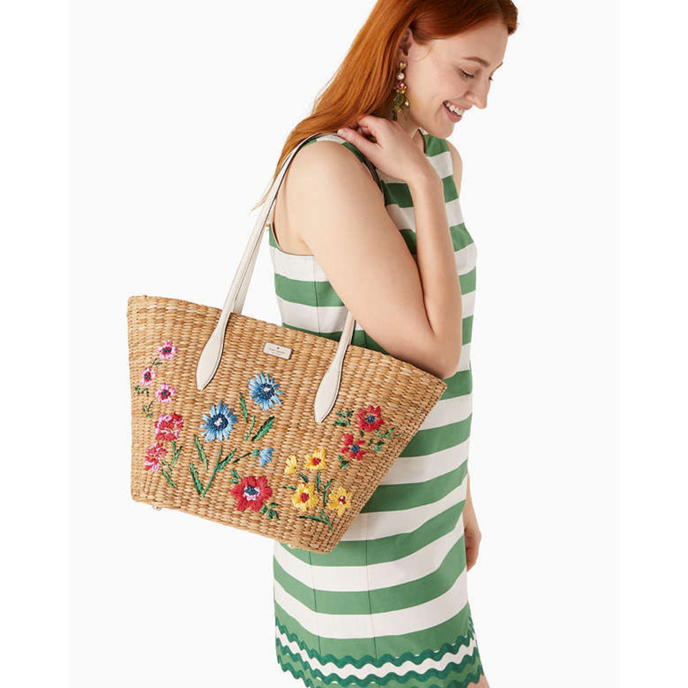 Kate Spade New York Novelty Straw Garden Flower Bouquet Embroidered New with Tag - Picture 7 of 10